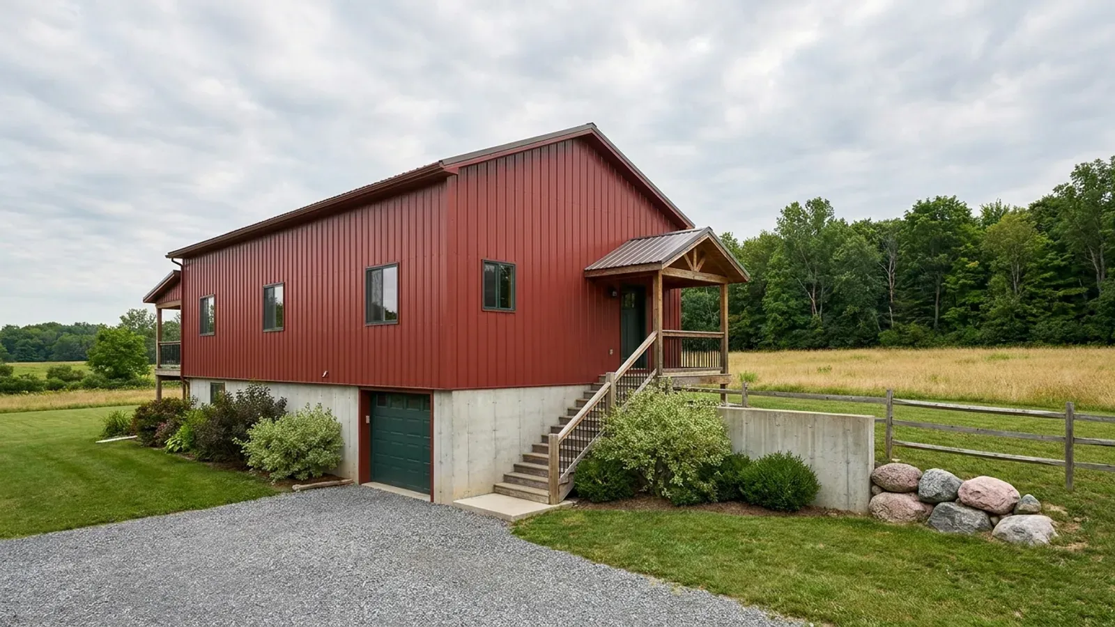 A barndominium raised on a stem-wall foundation with steps up to the entry and enclosed storage space beneath the elevated floor.